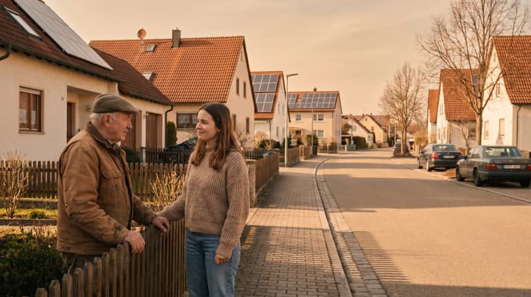 Ein älterer Hausbesitzer mit Solaranlage auf dem Ziegeldach im Gespräch mit einer jüngeren Nachbarin in einer Wohnstraße in Mittelfranken.